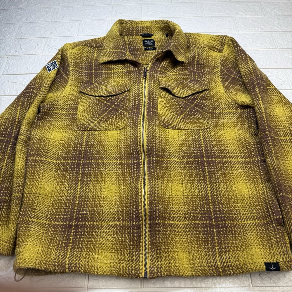 prAna Womens Jacket Yellow Brown Plaid Full Zip Cotton Softshell Size L